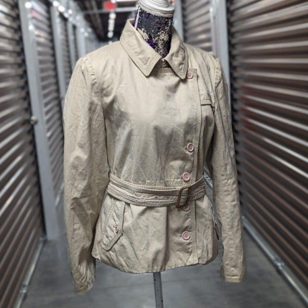 Y2K Utility‎ Gorpcore DKNY Jeans Tan Belted Military Jacket Cotton Large